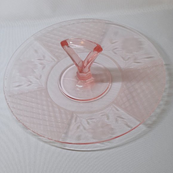 McKee Vintage Pink Center Handle Tidbit Server #151 Diamond Lattice Floral Etch - Picture 7 of 10